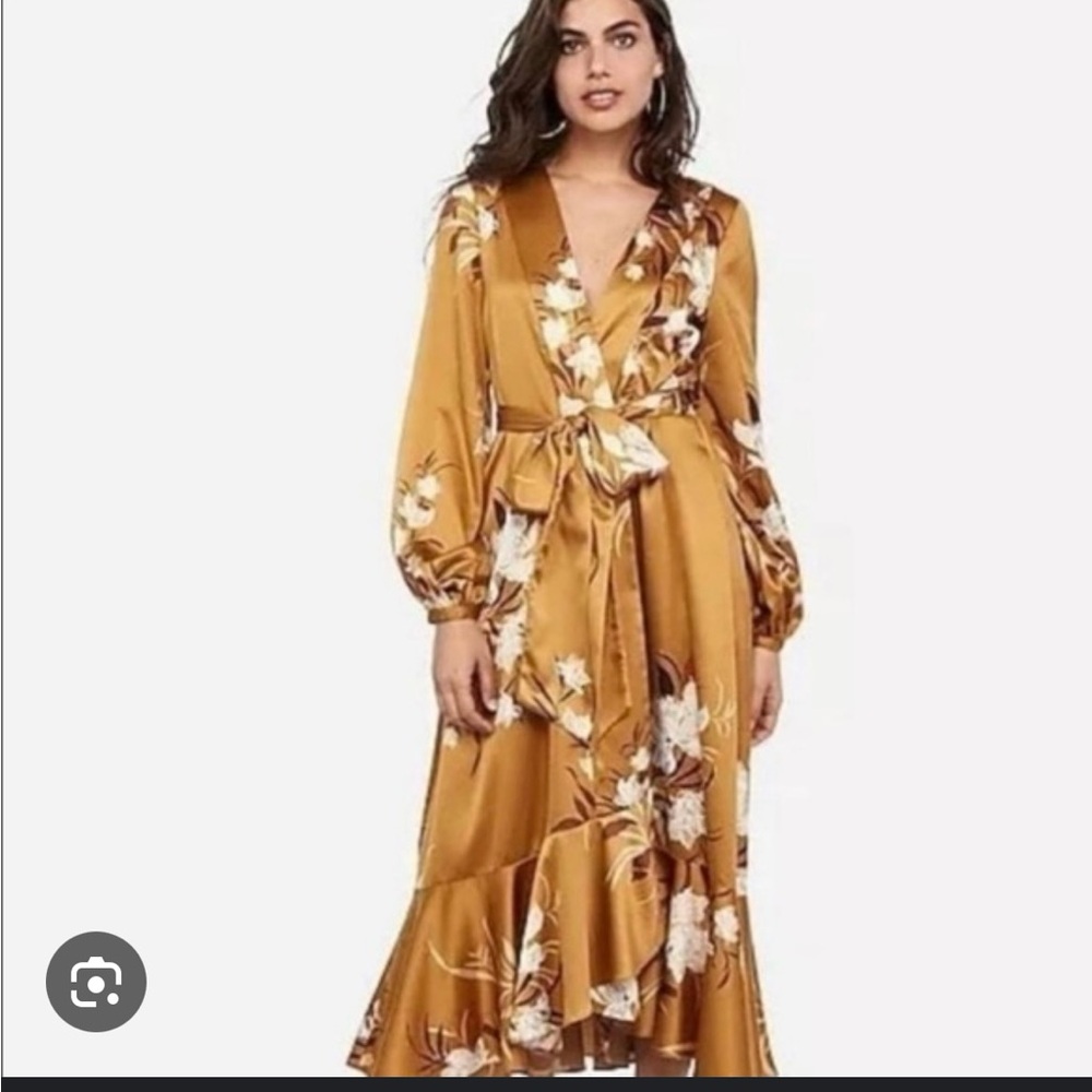 Elegant Floral kimono Wrap Dress in Mustard by Express